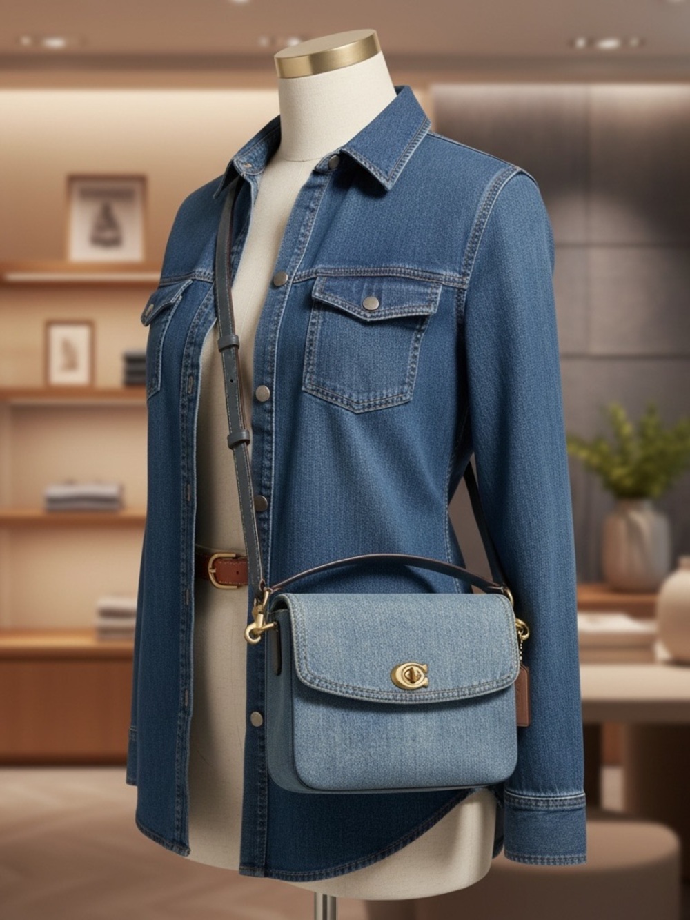 Coach Cassie 19 Denim & Leather Crossbody Bag (Missing Brass Chain Strap)